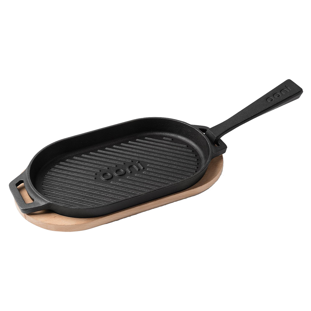 Grillpfanne aus Gusseisen mit Holz-Untersetzer